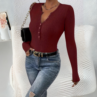 Button-Front Long Sleeve Top in Burgundy — VerolynBoutique