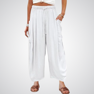 Cotton Linen Wide Leg Trousers in White — VerolynBoutique