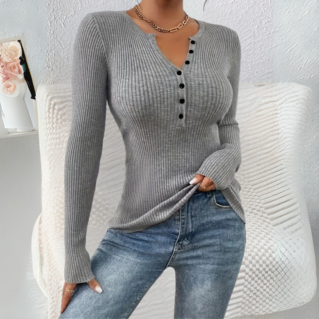 Button-Front Long Sleeve Top in Grey — VerolynBoutique