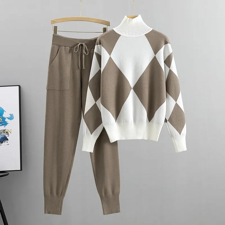 Diamond Knit Jumper Co-Ord Set in Khaki — VerolynBoutique