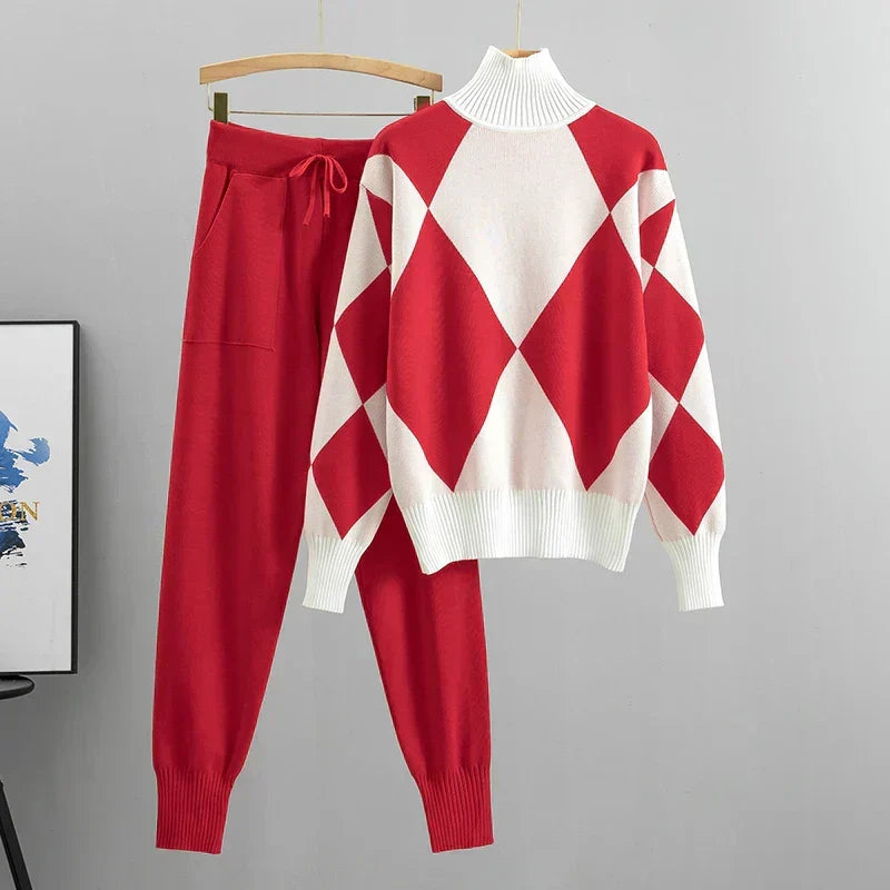 Diamond Knit Jumper Co-Ord Set in Red — VerolynBoutique
