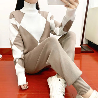 Diamond Knit Jumper Co-Ord Set in Khaki — VerolynBoutique