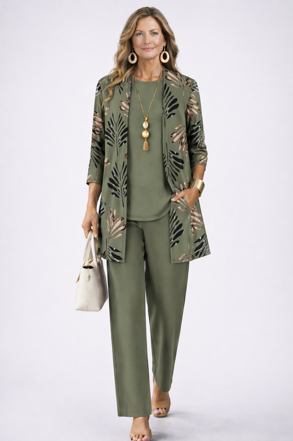 Verolyn everyday printed cardigan three-piece set in green