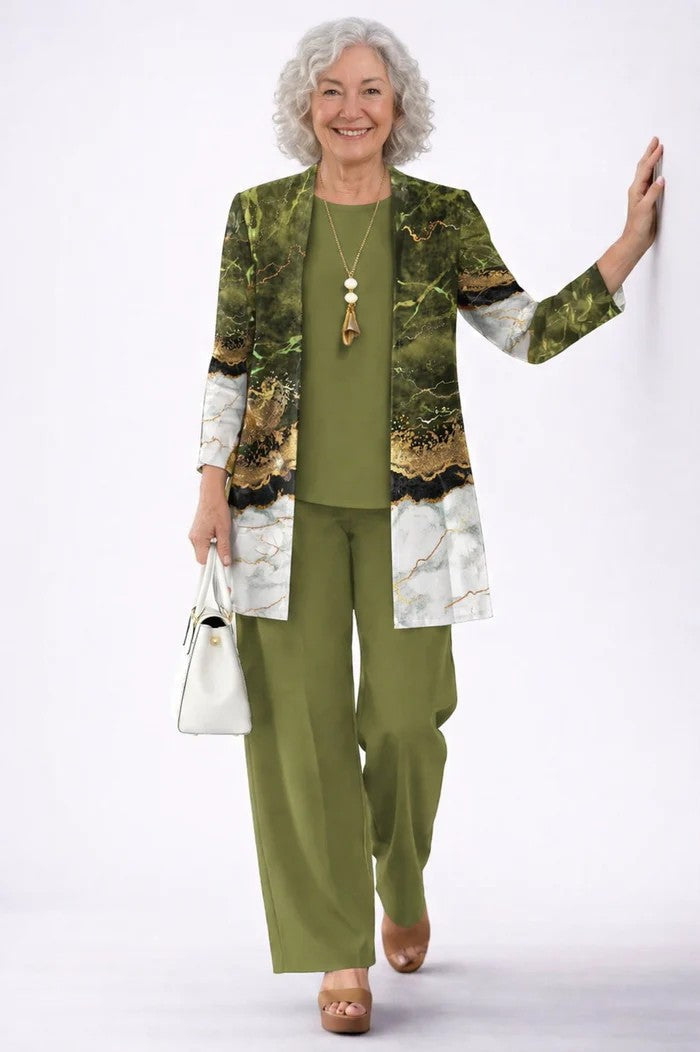 Verolyn everyday printed cardigan three-piece set in olive green