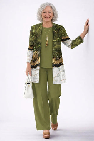 Verolyn everyday printed cardigan three-piece set in olive green