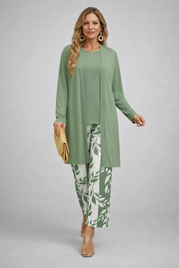 Verolyn everyday printed cardigan three-piece set in light green