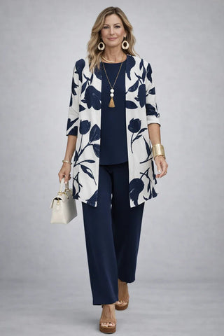 Verolyn everyday printed cardigan three-piece set in blue &amp; white