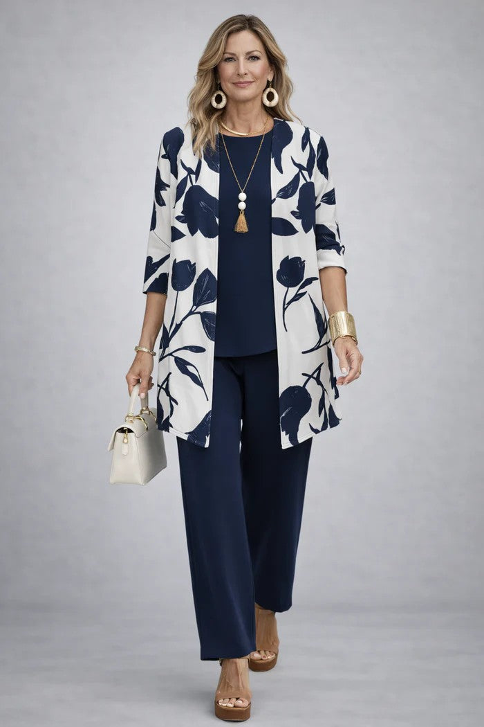 Verolyn everyday printed cardigan three-piece set in blue &amp; white