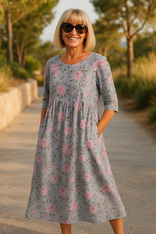 Three-Quarter Sleeve Floral Midi Dress in Dusty Lilac — VerolynBoutique