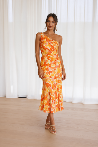 Floral One-Shoulder Satin Gown in Orange — VerolynBoutique