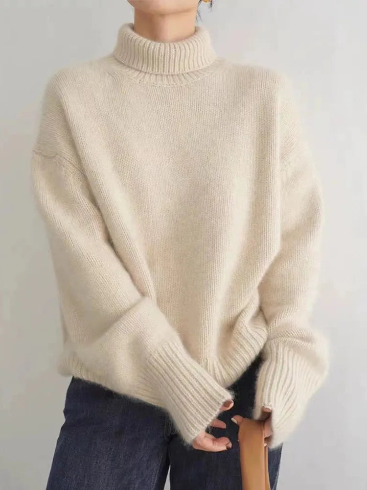 Cashmere Roll Neck Jumper in Beige — VerolynBoutique
