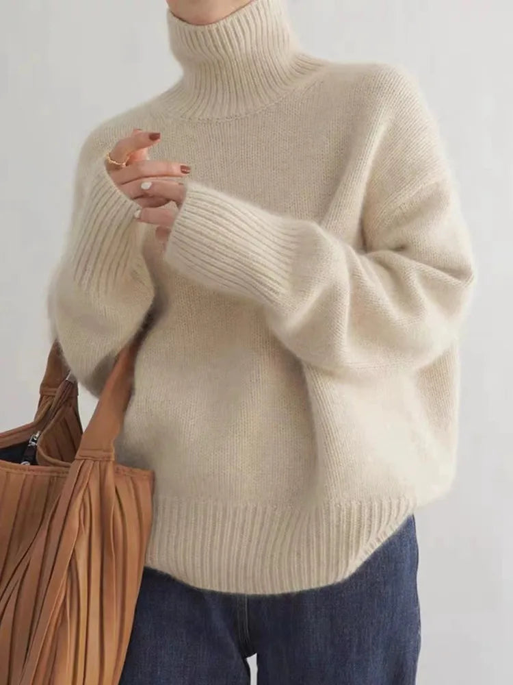 Cashmere Roll Neck Jumper in Beige — VerolynBoutique