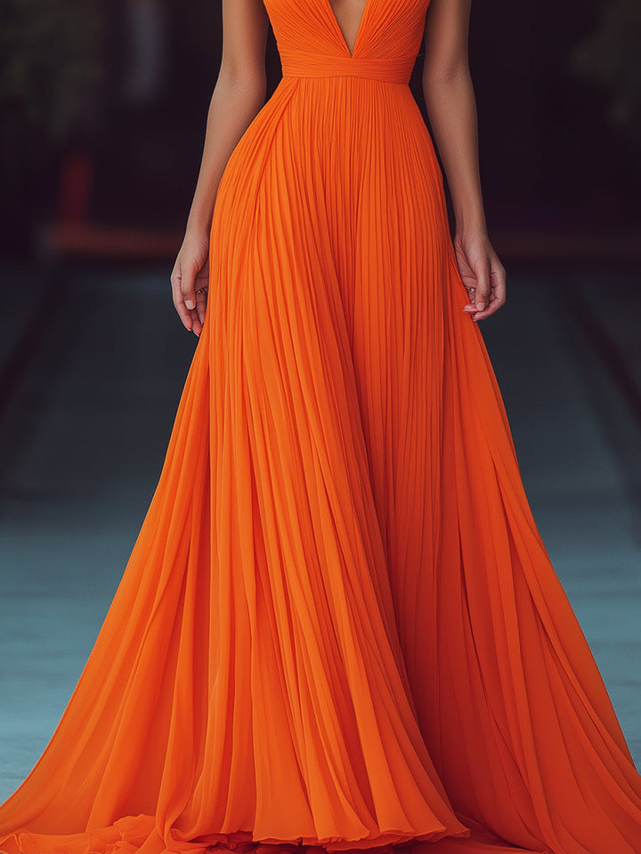 Pleated Halter Maxi Dress in Orange — VerolynBoutique