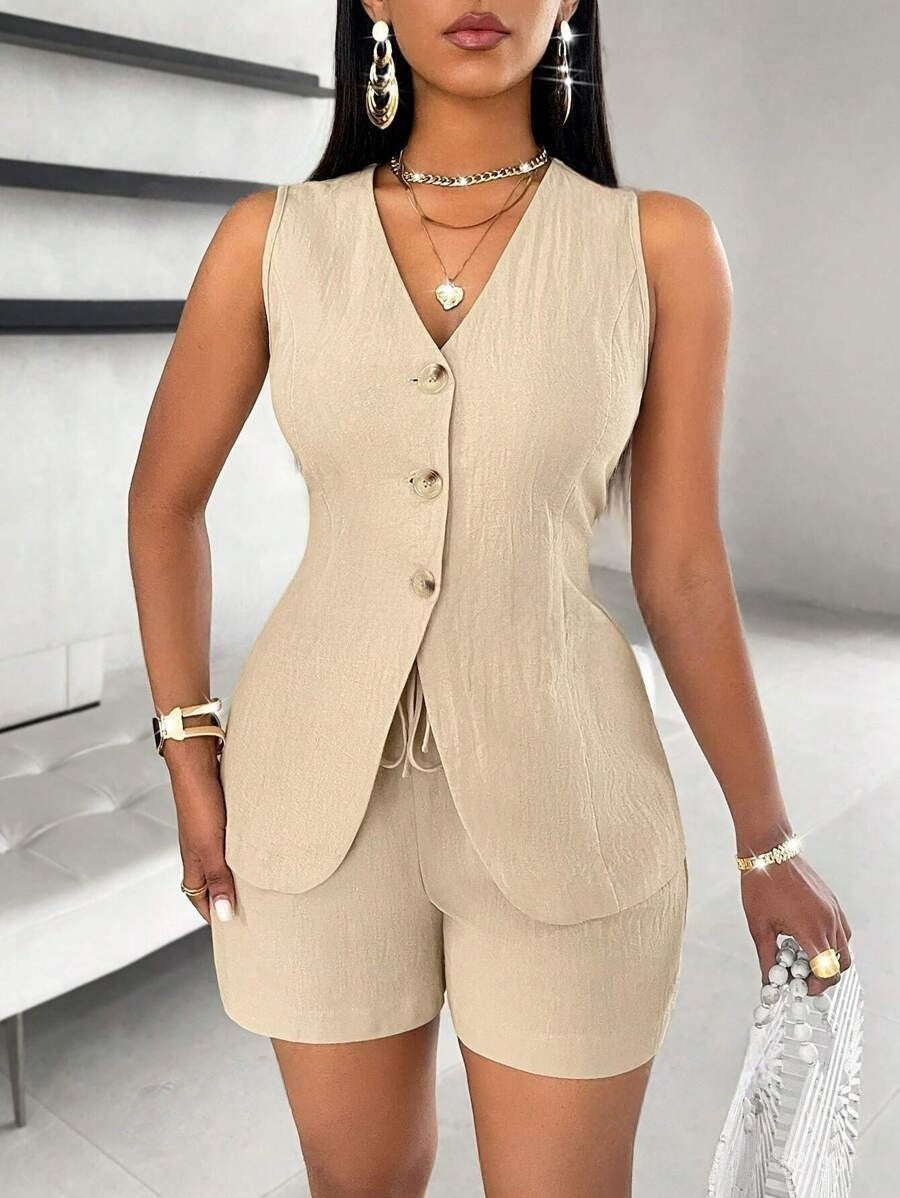 Button Waistcoat and Shorts Set in Apricot — VerolynBoutique