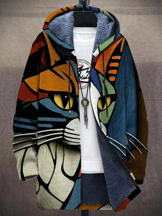 Plush-Lined Hooded Zip Cardigan in Blue Cat Print — VerolynBoutique