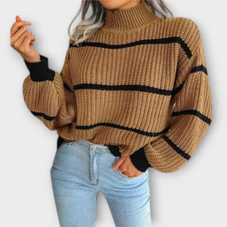 Chunky Stripe Mock Neck Jumper in Khaki — VerolynBoutique
