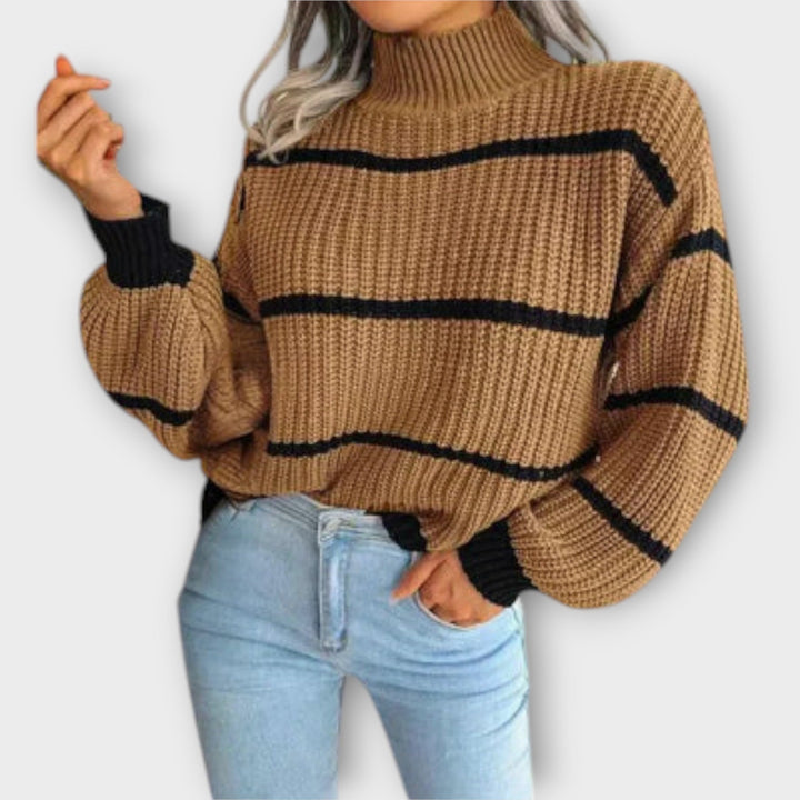 Chunky Stripe Mock Neck Jumper in Khaki — VerolynBoutique