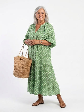 Three-Quarter Sleeve Tiered Midi Dress in Green — VerolynBoutique