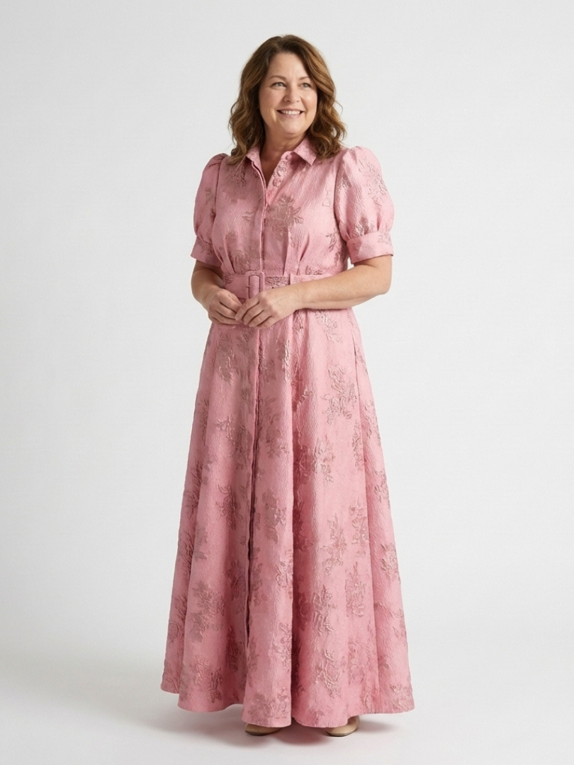 Textured Belted Maxi Shirt Dress in Pink — VerolynBoutique