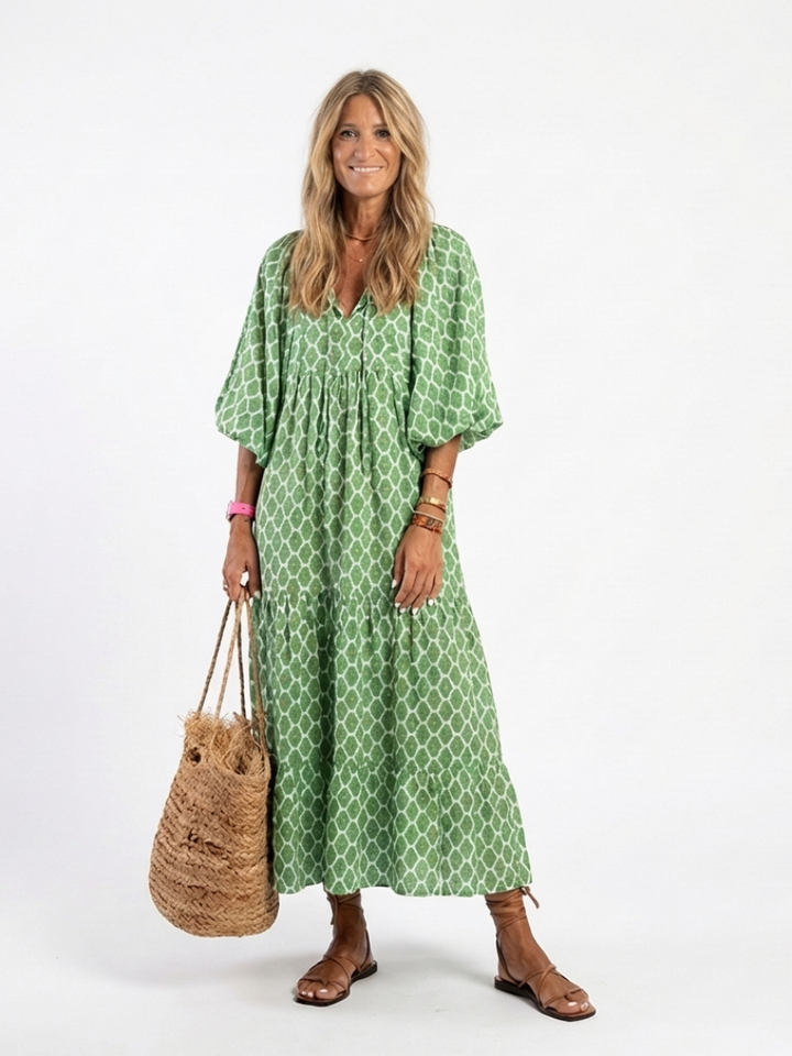 Three-Quarter Sleeve Tiered Midi Dress in Green — VerolynBoutique