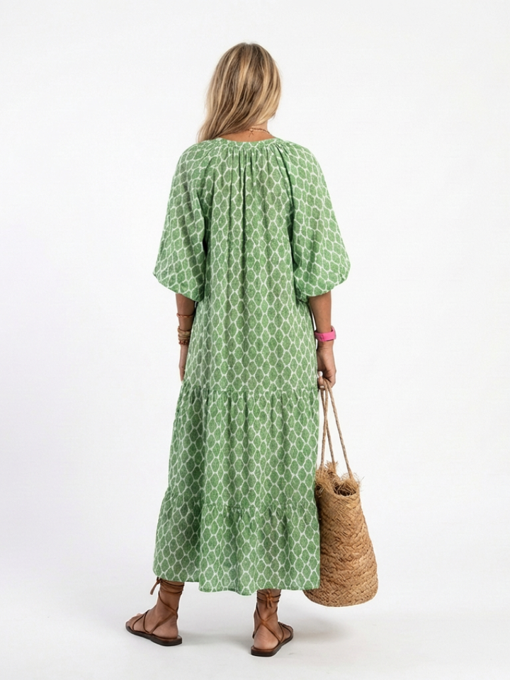 Three-Quarter Sleeve Tiered Midi Dress in Green — VerolynBoutique