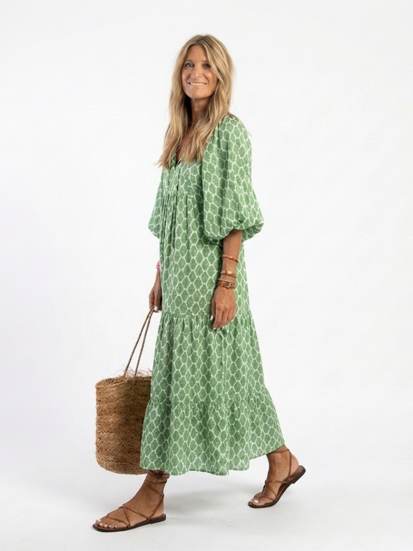 Three-Quarter Sleeve Tiered Midi Dress in Green — VerolynBoutique