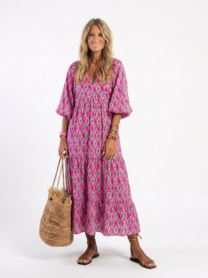 Three-Quarter Sleeve Tiered Midi Dress in Purple — VerolynBoutique