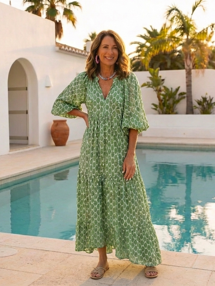 Three-Quarter Sleeve Tiered Midi Dress in Green — VerolynBoutique