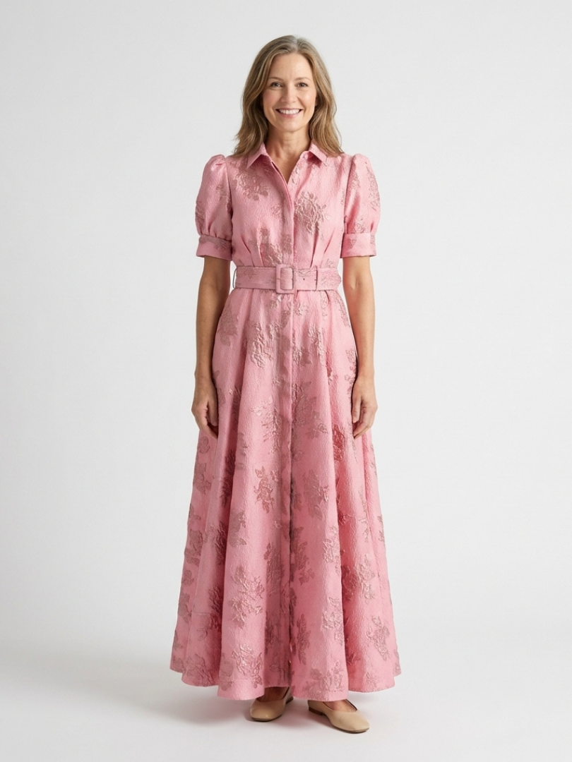 Textured Belted Maxi Shirt Dress in Pink — VerolynBoutique