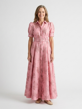 Textured Belted Maxi Shirt Dress in Pink — VerolynBoutique
