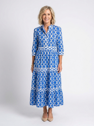 Chain Print Tiered Midi Dress in Blue — VerolynBoutique