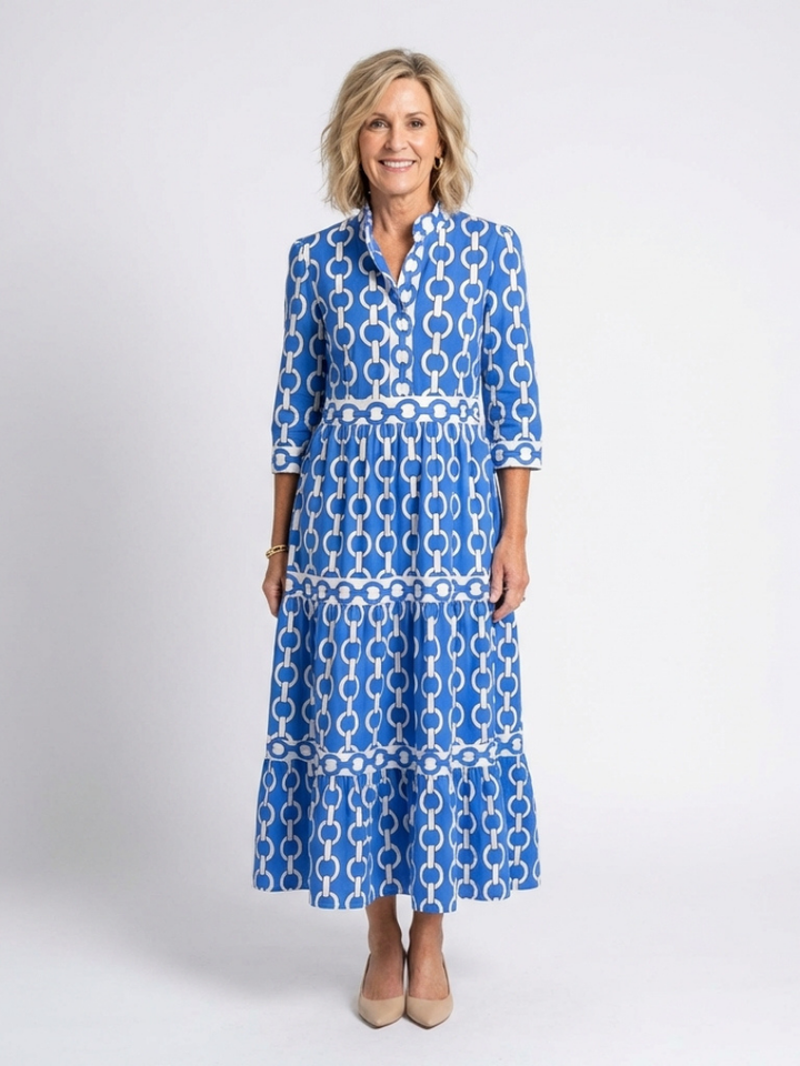 Chain Print Tiered Midi Dress in Blue — VerolynBoutique
