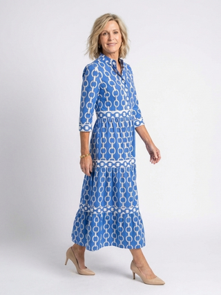 Chain Print Tiered Midi Dress in Blue — VerolynBoutique