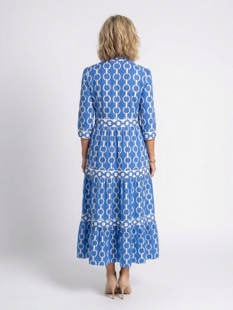 Chain Print Tiered Midi Dress in Blue — VerolynBoutique