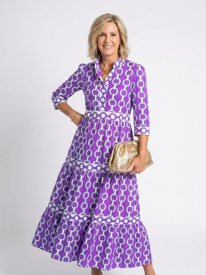 Chain Print Tiered Midi Dress in Purple — VerolynBoutique