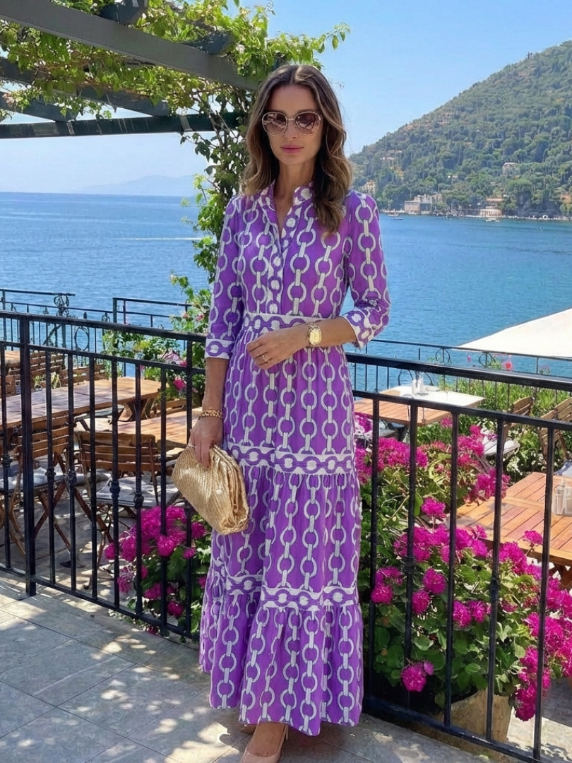 Chain Print Tiered Midi Dress in Blue — VerolynBoutique