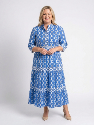 Chain Print Tiered Midi Dress in Blue — VerolynBoutique