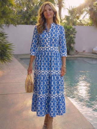 Chain Print Tiered Midi Dress in Blue — VerolynBoutique