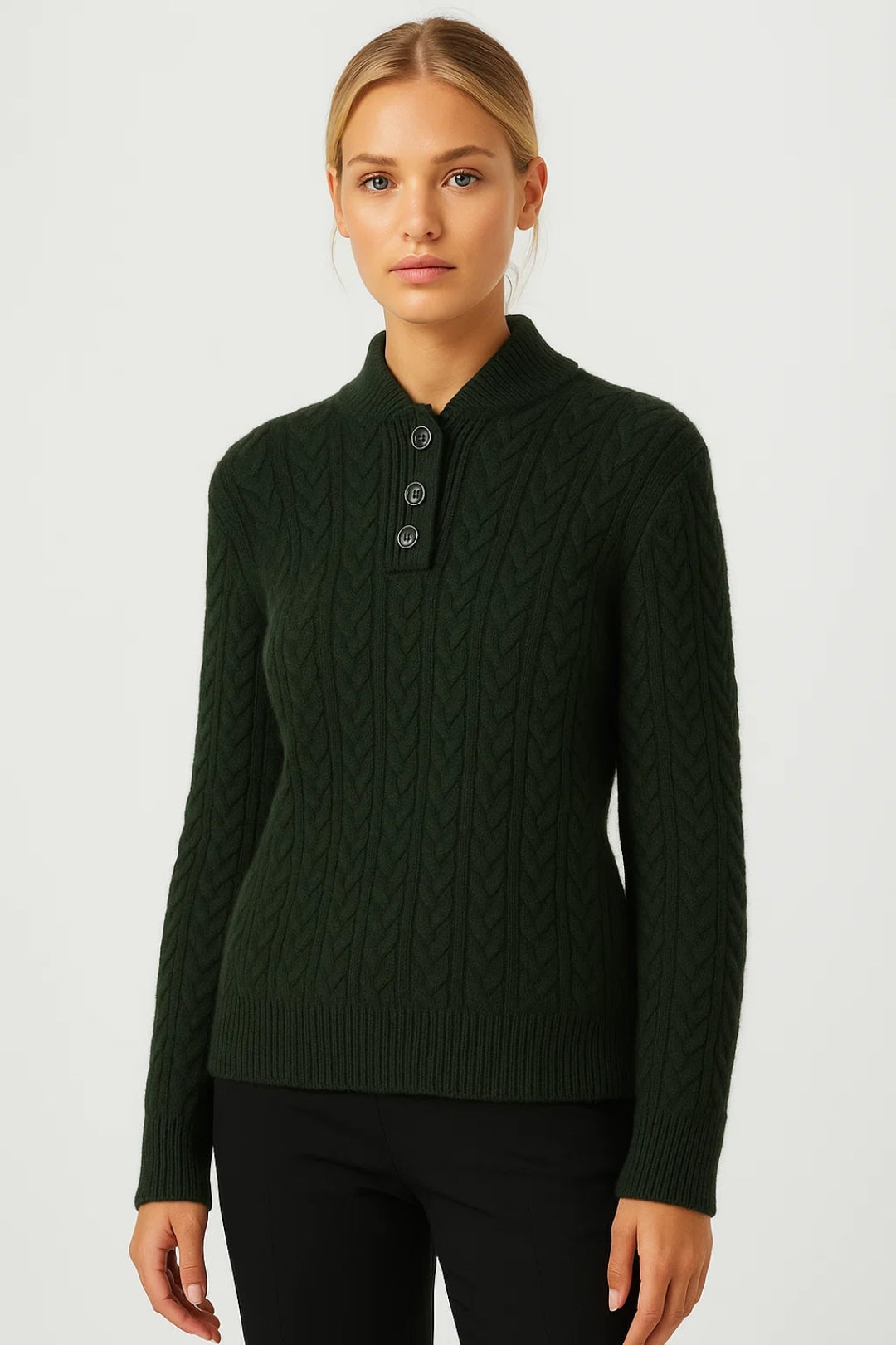 Cable Knit Button Placket Jumper in Green — VerolynBoutique