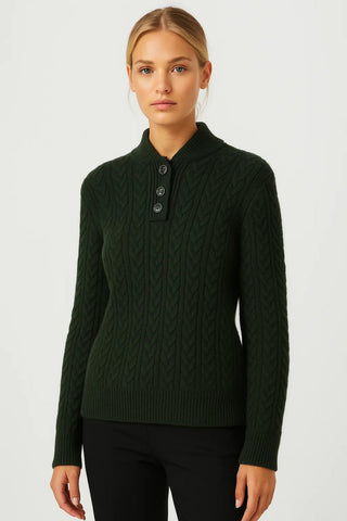 Cable Knit Button Placket Jumper in Green — VerolynBoutique