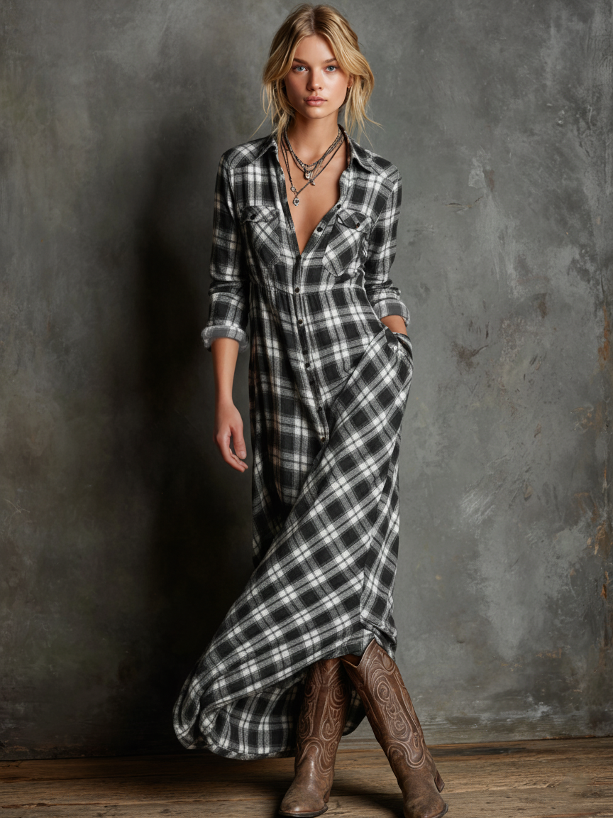 Plaid Button-Front Maxi Shirt Dress in Grey — VerolynBoutique