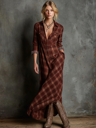 Plaid Button-Front Maxi Shirt Dress in Rust — VerolynBoutique