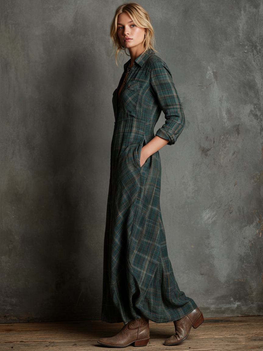 Plaid Button-Front Maxi Shirt Dress in Green — VerolynBoutique