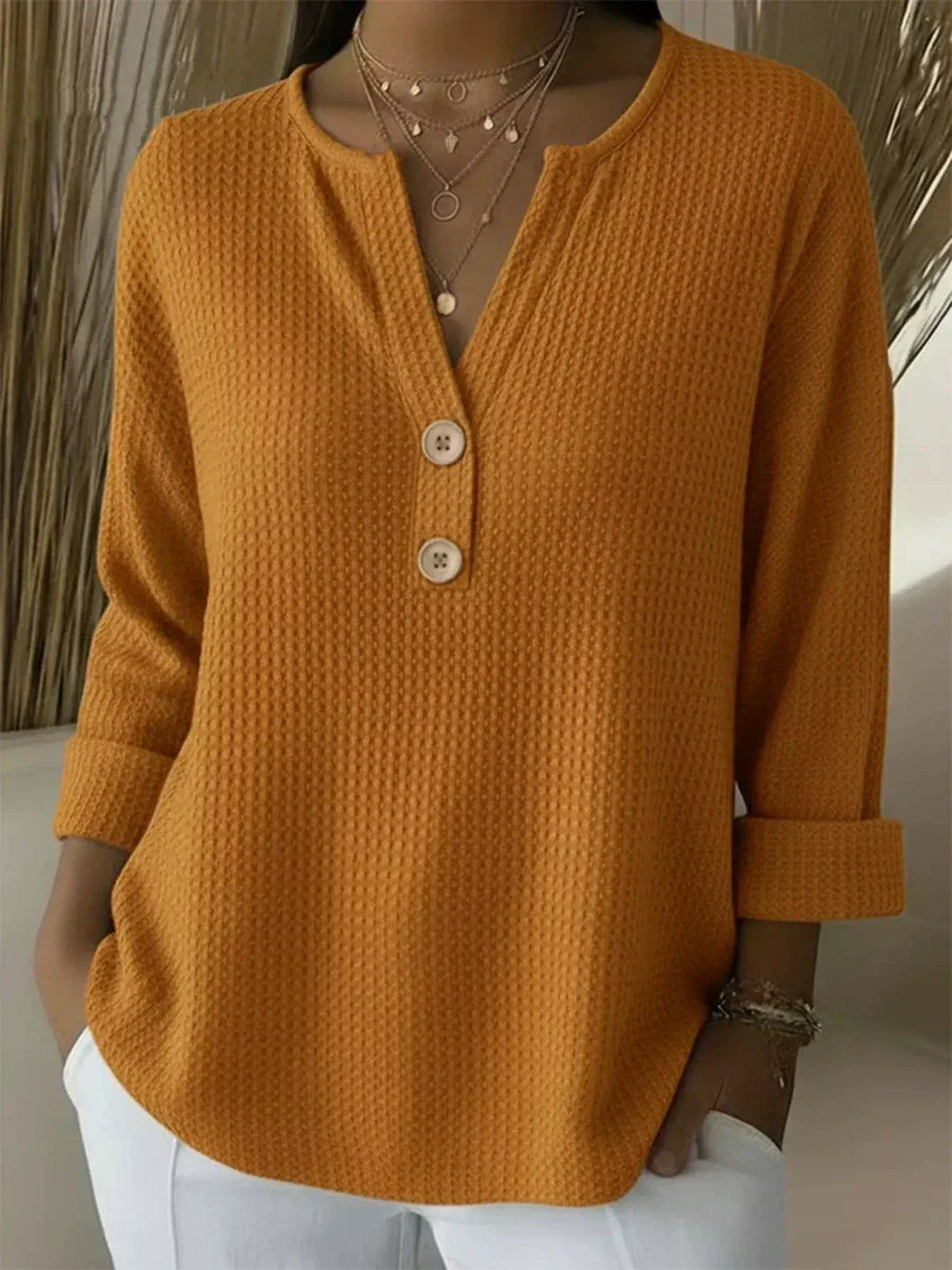 Verolyn waffle henley three-quarter sleeve top in orange