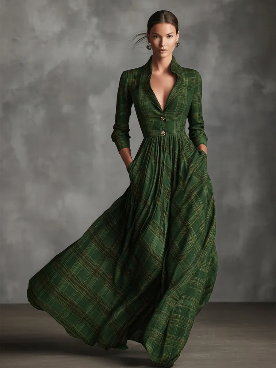 Plaid Collared Swing Maxi Dress in Green — VerolynBoutique
