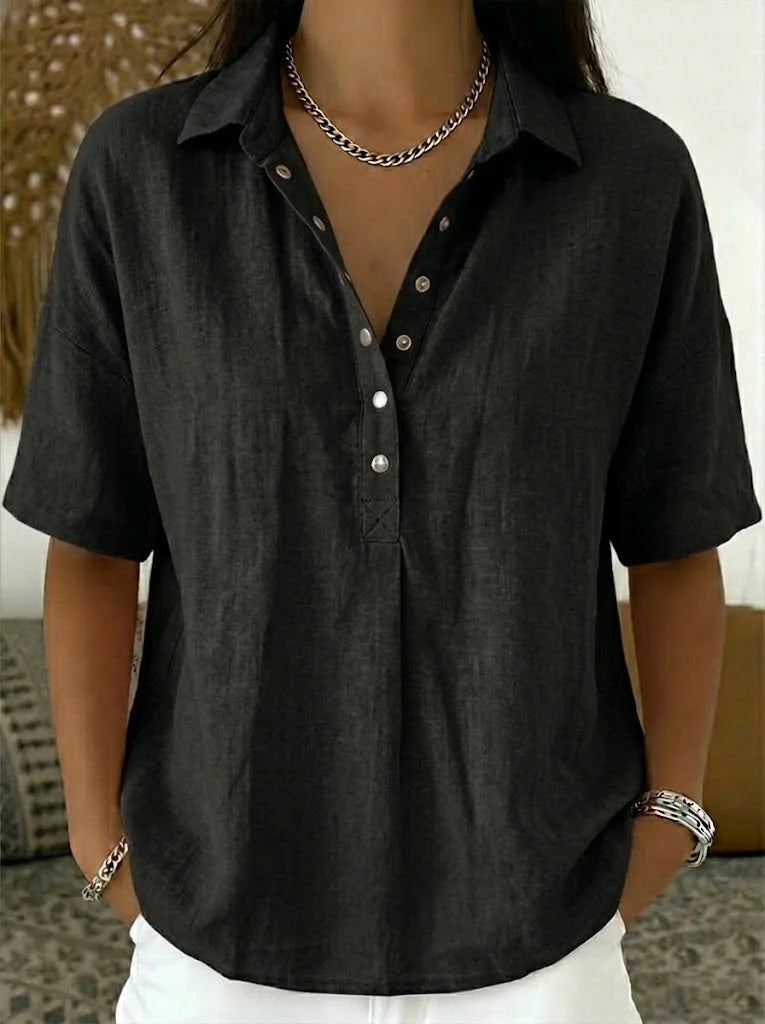 Relaxed Collared Button Blouse in Black — VerolynBoutique