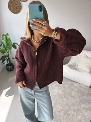 Two-Way Zip Knit Cardigan in Burgundy — VerolynBoutique