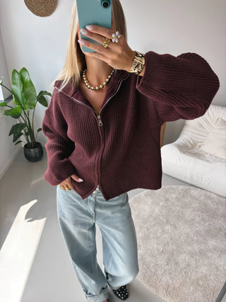 Two-Way Zip Knit Cardigan in Burgundy — VerolynBoutique