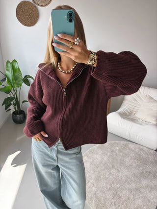 Two-Way Zip Knit Cardigan in Burgundy — VerolynBoutique