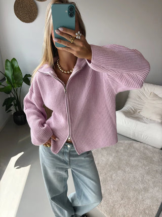 Two-Way Zip Knit Cardigan in Pink — VerolynBoutique
